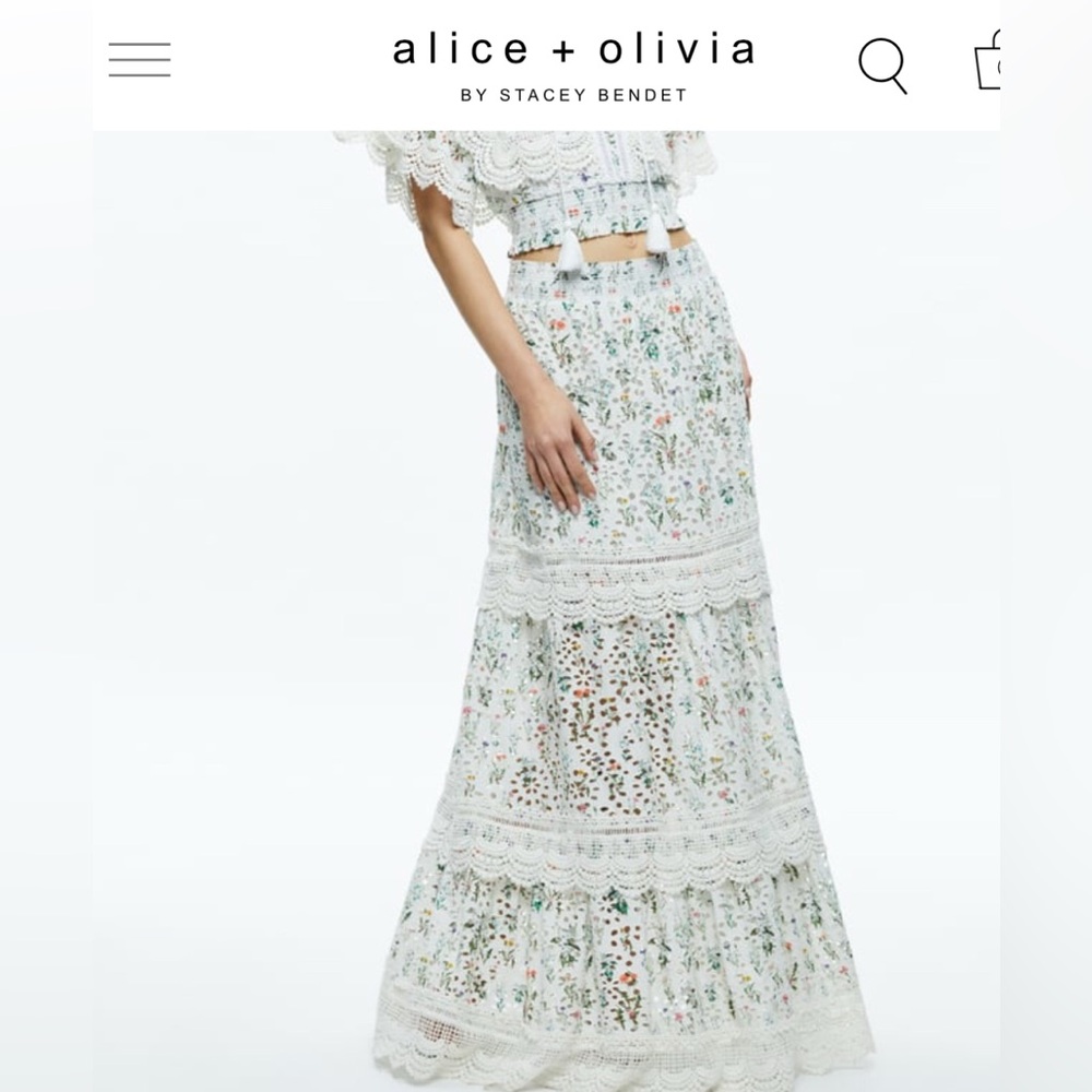 Alice + Olivia REISE EMBROIDERED TIERED MAXI SKIRT Floral Lace Maxi Skirt sz 10